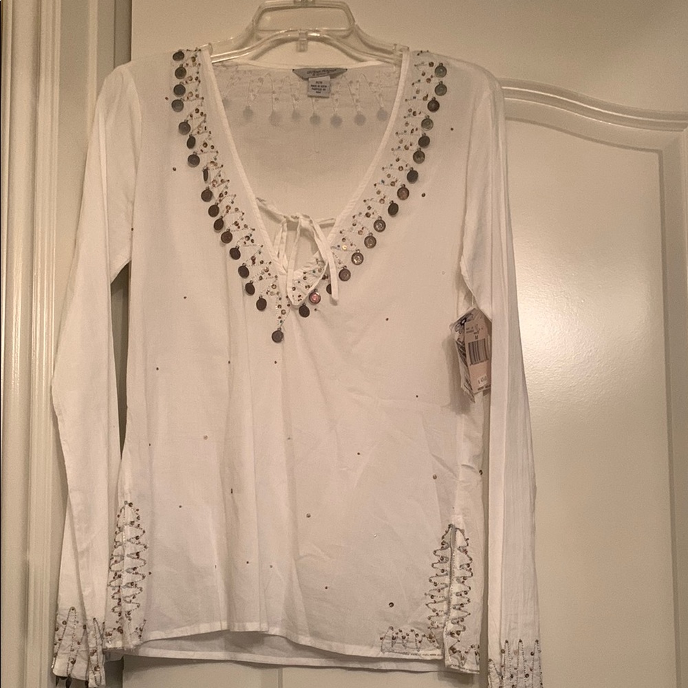White Long Sleeve Top with Silver Accents
